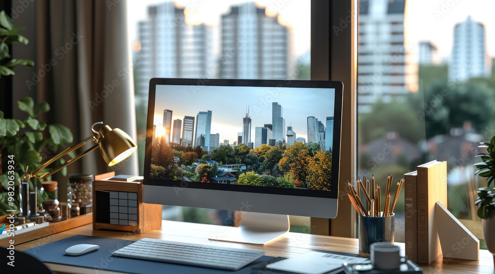Poster A desk visualization tools and computers to investigate real estate price. Generative AI.