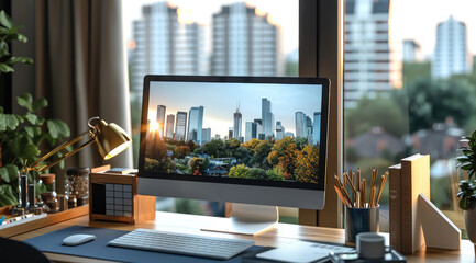 A desk visualization tools and computers to investigate real estate price. Generative AI.