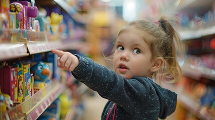A small child in a toy store points to the desired toy with a ball. A little girl asks to buy a toy. The concept of children's tantrums in the store