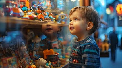 A little boy stands near the window of a retro toy store and looks at them enthusiastically. Happy childhood concept.