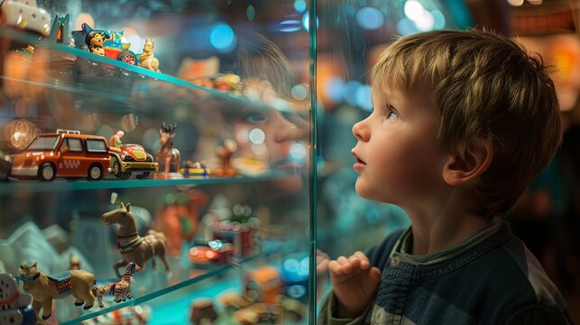 A little boy stands near the window of a vintage toy store and looks at them enthusiastically. Happy childhood concept.