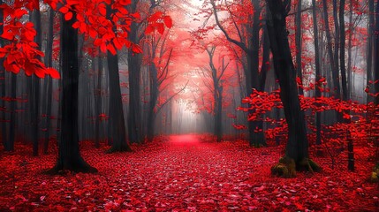 Fototapeta premium A Vibrant Red Forest Landscape During Autumn Showcasing Colorful Foliage Along a Tranquil Pathway