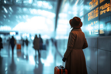 Solo traveler waiting at the airport terminal with a suitcase, surrounded by blurred commuters during bright daytime