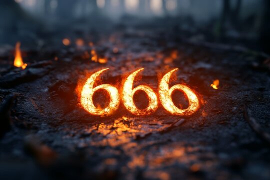 Glowing Numbers 666 Illuminated by Fire on a Dark Forest Floor During Twilight, Creating an Eerie and Mysterious Atmosphere