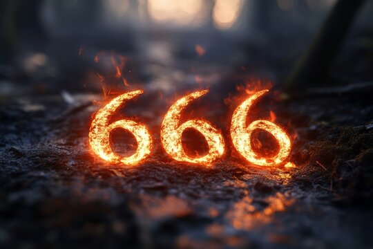 Glowing Fiery Number 666 on the Forest Floor During Twilight, Surrounded by Dark Trees and an Eerie Atmosphere
