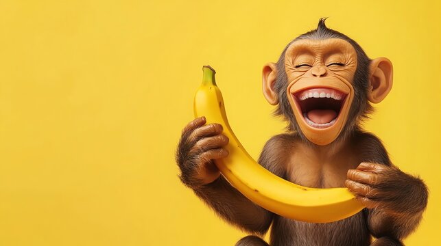 Funny 3D rendering of a monkey laughing and holding a banana against a yellow background.