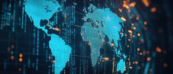 Obraz premium Digital world map with data streams, illustrating global connectivity and technology.