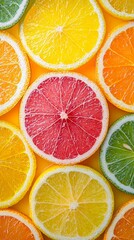 Freshly Sliced Citrus Fruits Arranged Beautifully in Vibrant Colors on a Bright Yellow Background
