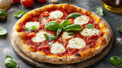 A delicious pizza topped with fresh basil, mozzarella, and tomato sauce on a wooden board.