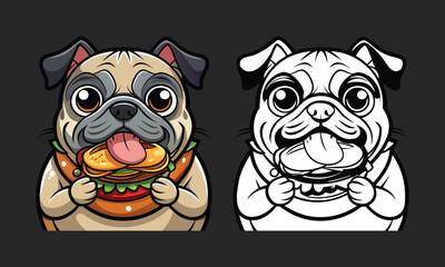 Pug cartoon dog eating burger 02