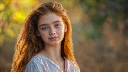 Naklejka premium A beautiful young female teenager with firey red hair and a slight smile and wearing a white top. She is standing outside against a softly blurred background.
