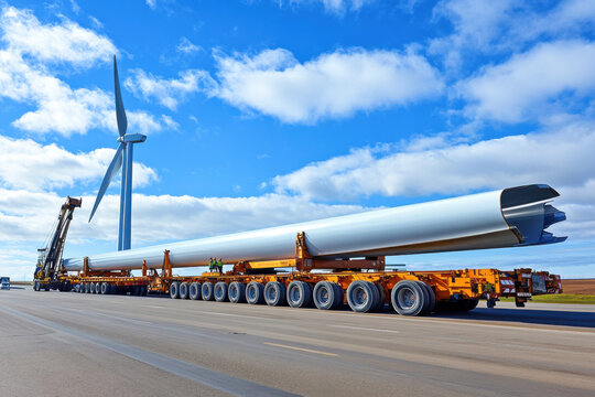 Transport of a large wind turbine blade on a flatbed truck under a blue sky near a wind farm