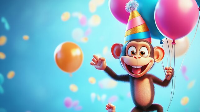 A happy monkey wearing a party hat holds balloons.