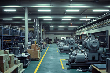 Obraz premium Inside a modern manufacturing facility showcasing heavy industrial equipment and organized storage for operational efficiency