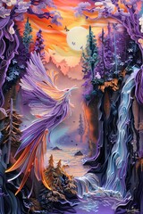 Colorful Bird in Quilling Style Flying Over a Frozen Waterfall