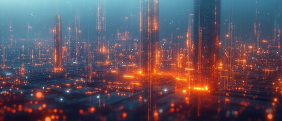 A futuristic digital landscape with glowing structures and vibrant colors.