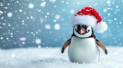 A cute penguin wearing a Santa hat standing in the snow.