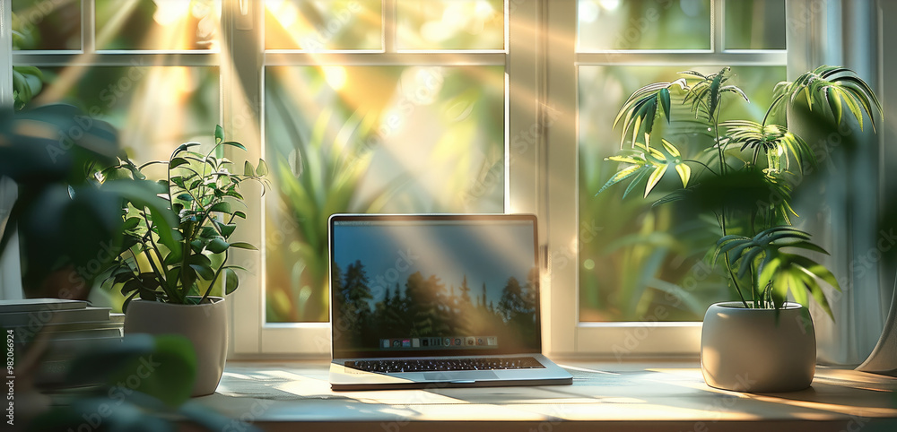 Poster table with laptop in home office interior. generative ai.
