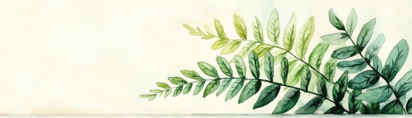 Obraz premium Fern close-up, fine leaf details, precise watercolor brushstrokes, botanical design, soft green tones, hand-drawn botanical illustration