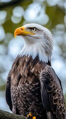 Obraz premium A Majestic Bald Eagle Perched on a Branch, Displaying Its Striking Features in Vibrant Natural Surroundings During Daylight