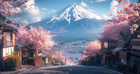 Beautiful view of Mount Fuji with cherry blossoms, a street in the foreground, a lake and mountains behind, pink flowers everywhere. Generative AI.