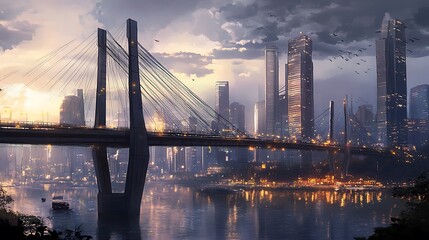 A Modern Cityscape with a Bridge Spanning a River at Dusk