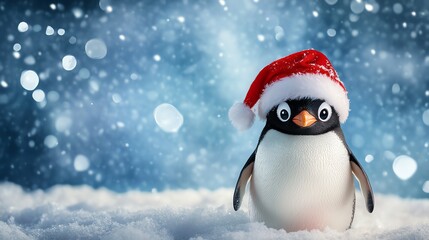 Fototapeta premium A cute penguin wearing a Santa hat stands in the snow with a blue and white bokeh background.