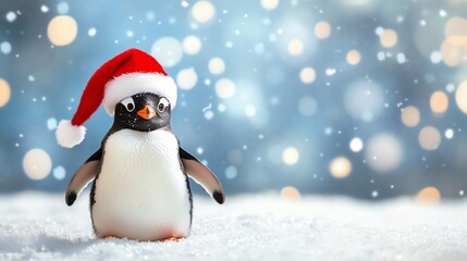 Cute penguin wearing a Santa hat standing in the snow.
