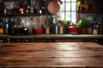 Wooden table top with blurred kitchenware in background - product photography with kitchen setting as backdrop