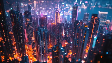 A vibrant nighttime cityscape illuminated by colorful lights and skyscrapers.