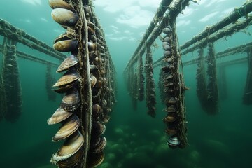 Underwater View of a Shellfish Farm With Suspended Mussels and Oysters in Calm Water at Midday