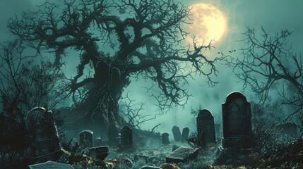 An eerie Halloween graveyard at night, surrounded by skeletal trees and overgrown vines. The tombstones are cracked and covered in moss, with a faint mist clinging to the ground. Generative AI.