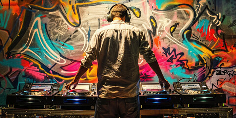 DJ Mixing Tracks with Vibrant Graffiti Art in the Background