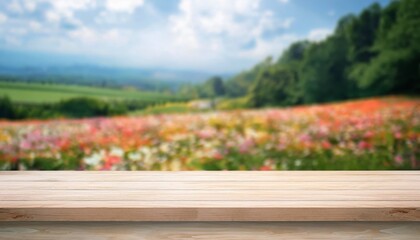 Fototapeta premium Wooden table with blurred flower field and scenic landscape in background. Ideal for product display, presentations, and advertisements.