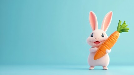 Obraz premium Cute cartoon bunny holding a carrot on a light blue background.
