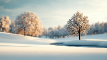 Fototapeta premium A serene winter landscape featuring snow-covered trees and a gentle stream reflecting soft sunlight.