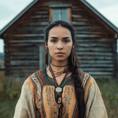 First Nations woman in traditional embroidered dress