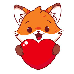 Cute Fox holding love. Vector illustration of chibi character isolated on white background.