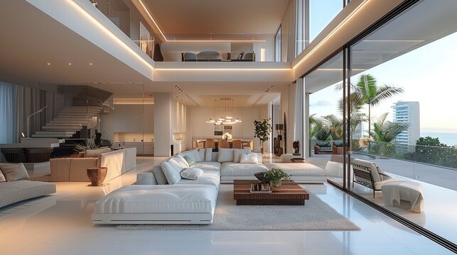 Interior design of a penthouse, urban modern style. Generative AI.