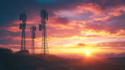 Naklejka premium Cityscape at Sunset with Cell Towers and Network Signals: A dramatic aerial view of a bustling cityscape at sunset, showcasing towering cell towers illuminated by the golden hour. Network signals radi