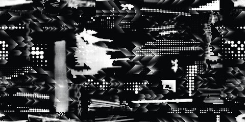 Pattern with halftone dots. Cyber punk seamless dotted pattern  .Futuristic  background . Pattern with various halftone dots elements .Endless dot pattern texture. Halftone effect .Vector