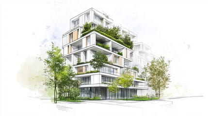 Architectural sketch of a modern eco-friendly building with green terraces and large copy space on a white background.