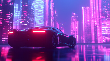 high-tech car in a neon-lit cityscape, minimalist backdrop with large copy space.