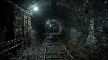 Naklejka premium Dark Underground Tunnel With Tracks and Lighting in an Abandoned Mine During Twilight Hours