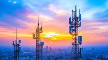 Base station receivers on tall towers with a glowing sunset in the background, copy space for advertising.