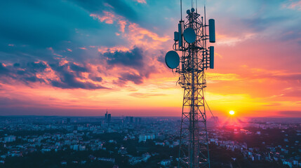 Base station receivers on tall towers with a glowing sunset in the background, copy space for advertising.