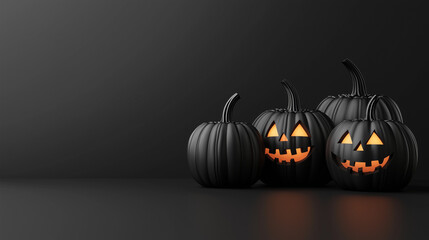 Black Halloween pumpkins in 3D, featuring joyful and creepy carved smiles, designed for use in advertising with copy space.