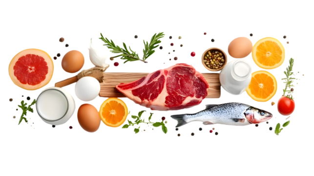 Wooden board with steak, fish, eggs, milk, fruit, vegetables isolated on transparent background
