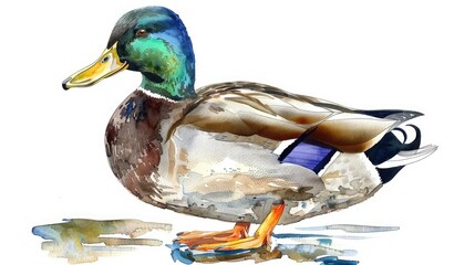 Obraz premium 1 male mallard duck watercolor illustration on white background