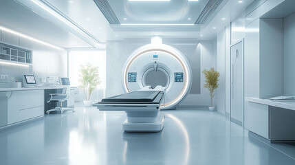 Spacious hospital room centered around an advanced MRI machine, sleek medical equipment, and clean design, offering wide copy space.